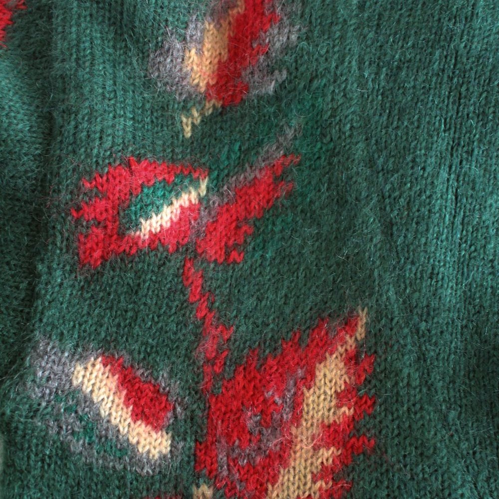 Vintage 90s Mohair Cardigan Sweater Shawl Collar Ribbed Knit Green Leafs Pockets - Picture 6 of 12